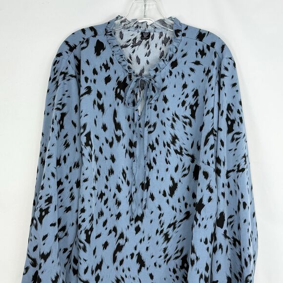 Womens Plus Size 3XL Allover Print Tie Neck Blouse Long Sleeves Dusty Blue - Picture 13 of 16